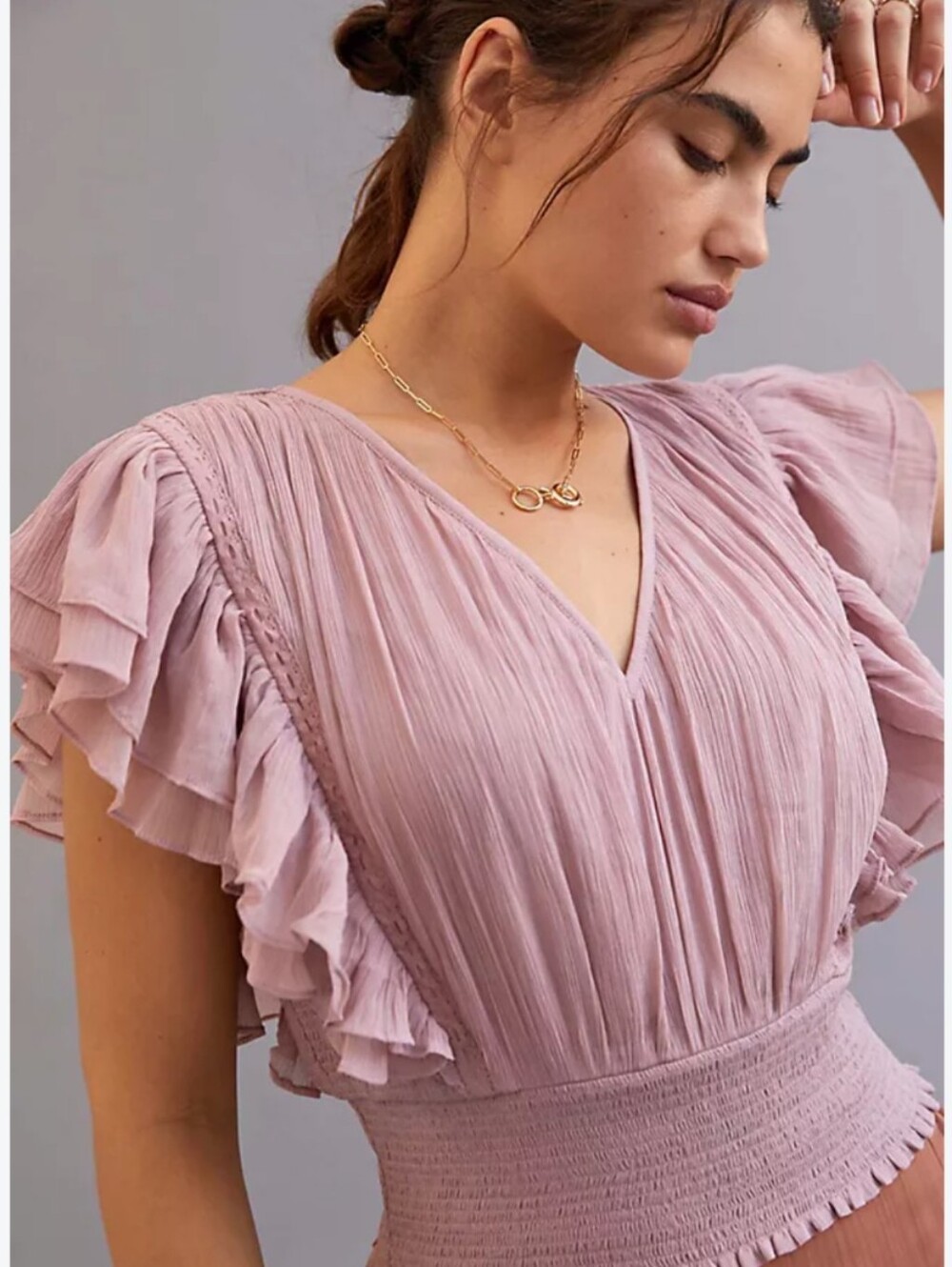 Anthropologie Forever That Girl Smocked Ruffle Blouse, Mauve, S